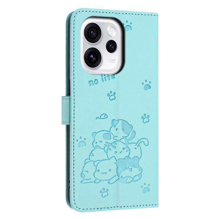 For OPPO Reno15 5G Global Embossed Kitten Phone Leather Case with Lanyard
