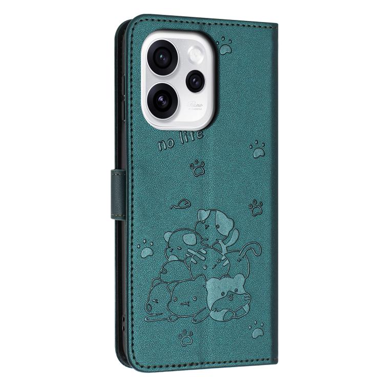 For OPPO Reno15 5G Global Embossed Kitten Phone Leather Case with Lanyard