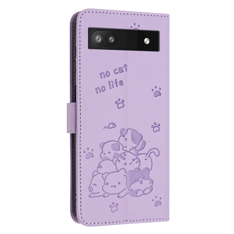 For Google Pixel 6a Embossed Kitten Phone Leather Case with Lanyard