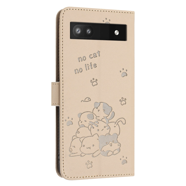 For Google Pixel 6a Embossed Kitten Phone Leather Case with Lanyard