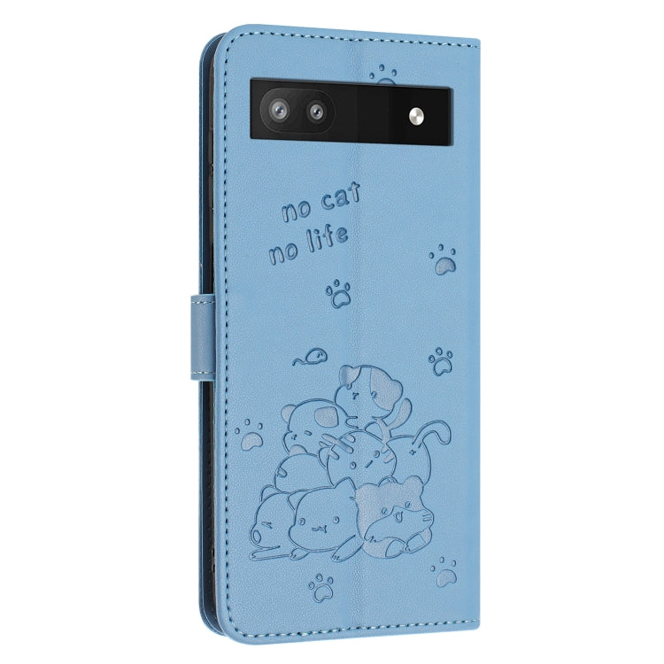 For Google Pixel 6a Embossed Kitten Phone Leather Case with Lanyard