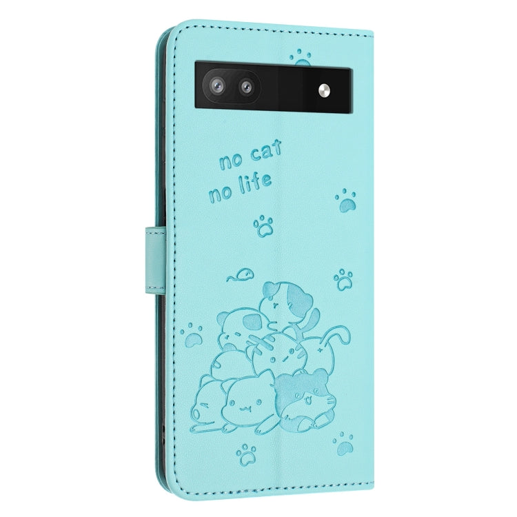 For Google Pixel 6a Embossed Kitten Phone Leather Case with Lanyard