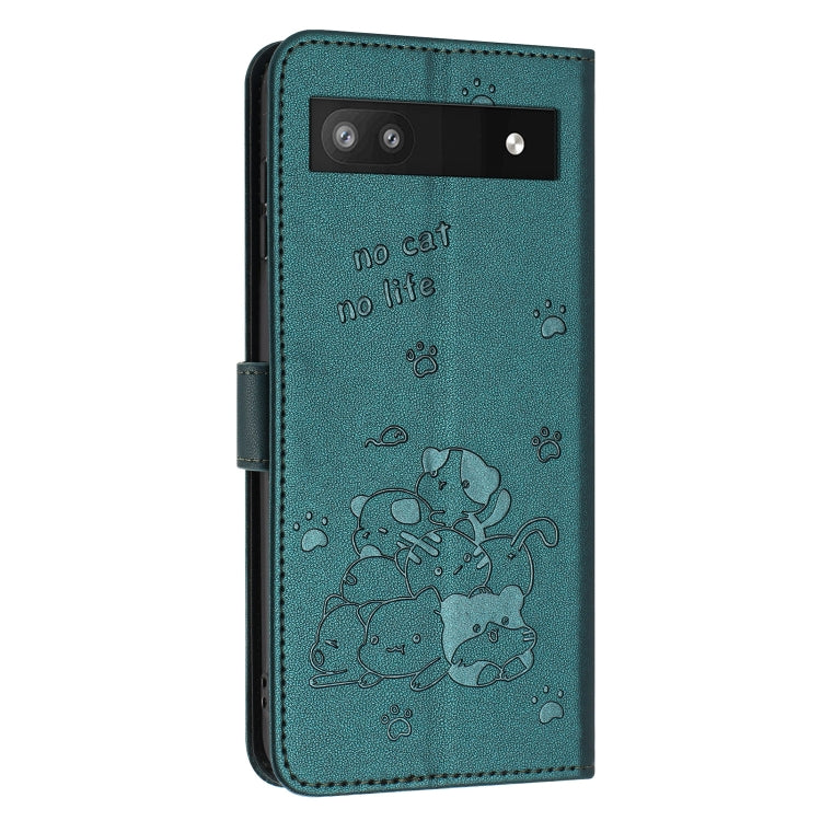 For Google Pixel 6a Embossed Kitten Phone Leather Case with Lanyard
