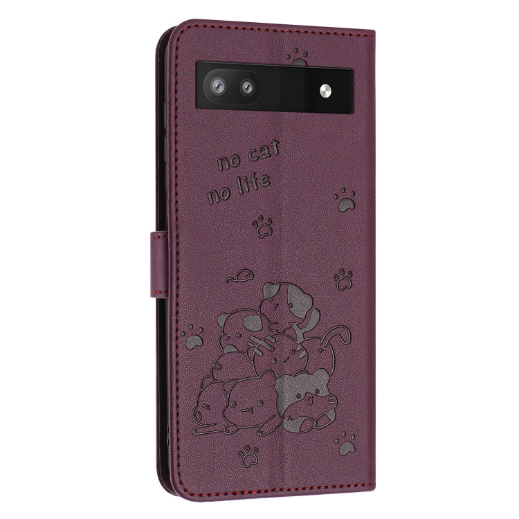 For Google Pixel 6a Embossed Kitten Phone Leather Case with Lanyard
