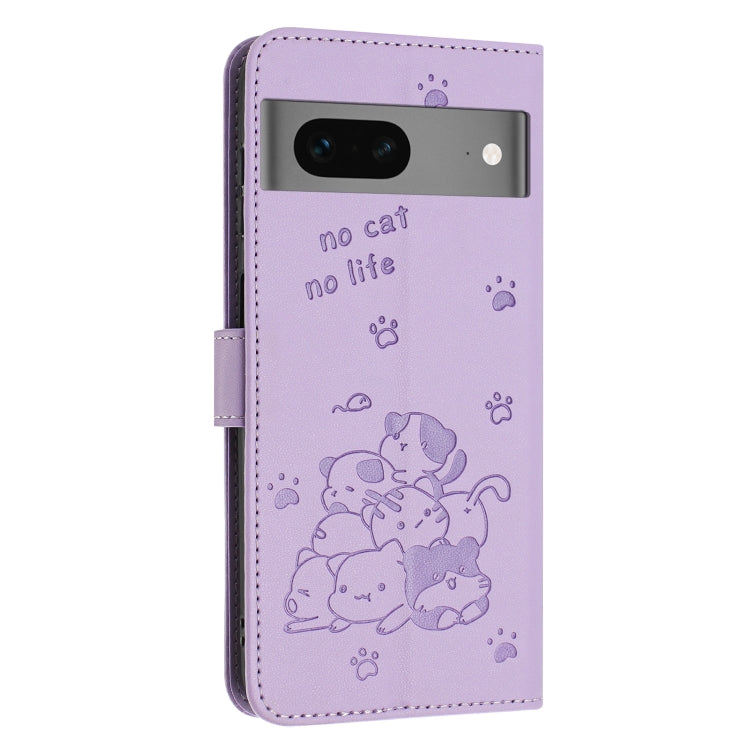 For Google Pixel 7 Embossed Kitten Phone Leather Case with Lanyard