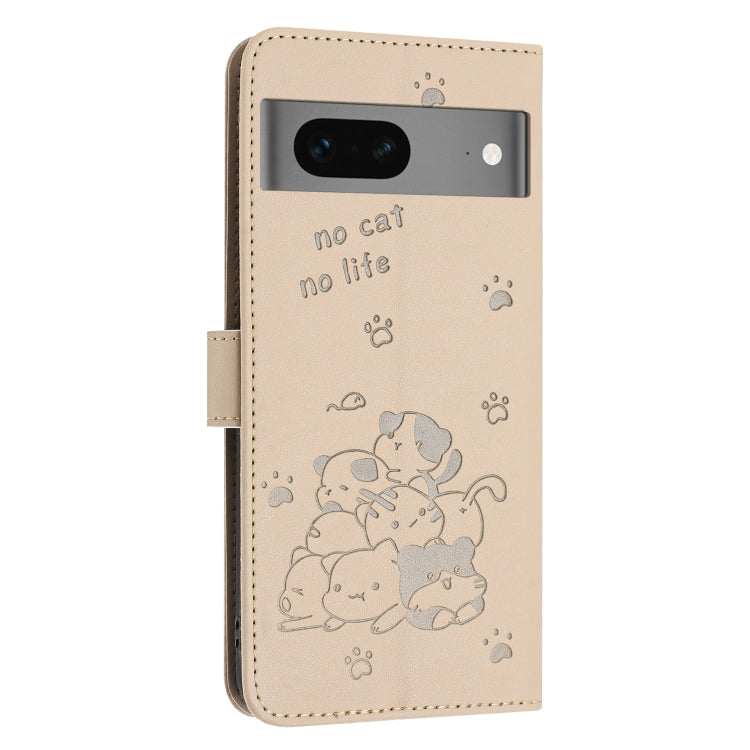 For Google Pixel 7 Embossed Kitten Phone Leather Case with Lanyard