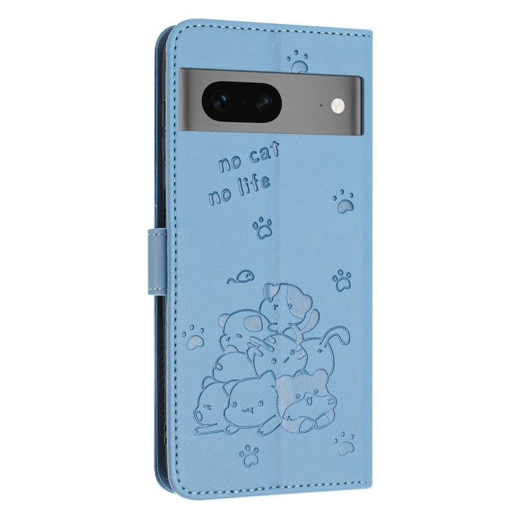 For Google Pixel 7 Embossed Kitten Phone Leather Case with Lanyard