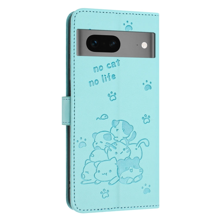 For Google Pixel 7 Embossed Kitten Phone Leather Case with Lanyard