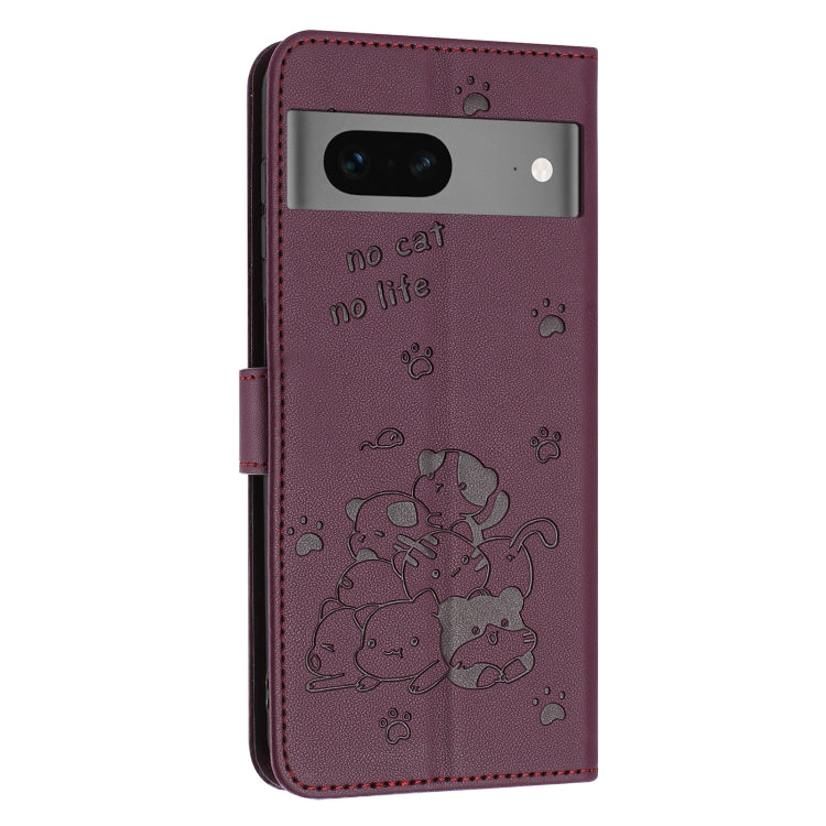 For Google Pixel 7 Embossed Kitten Phone Leather Case with Lanyard