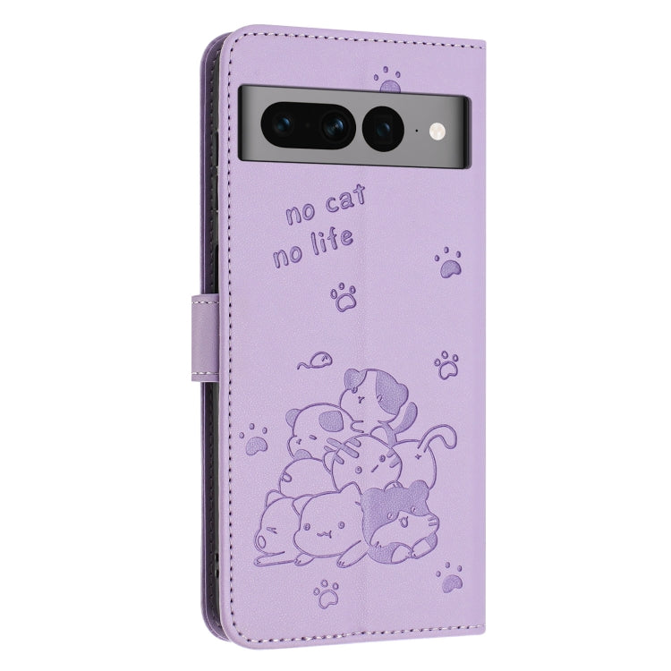 For Google Pixel 7 Pro Embossed Kitten Phone Leather Case with Lanyard