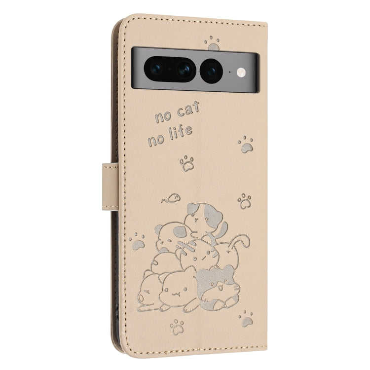 For Google Pixel 7 Pro Embossed Kitten Phone Leather Case with Lanyard