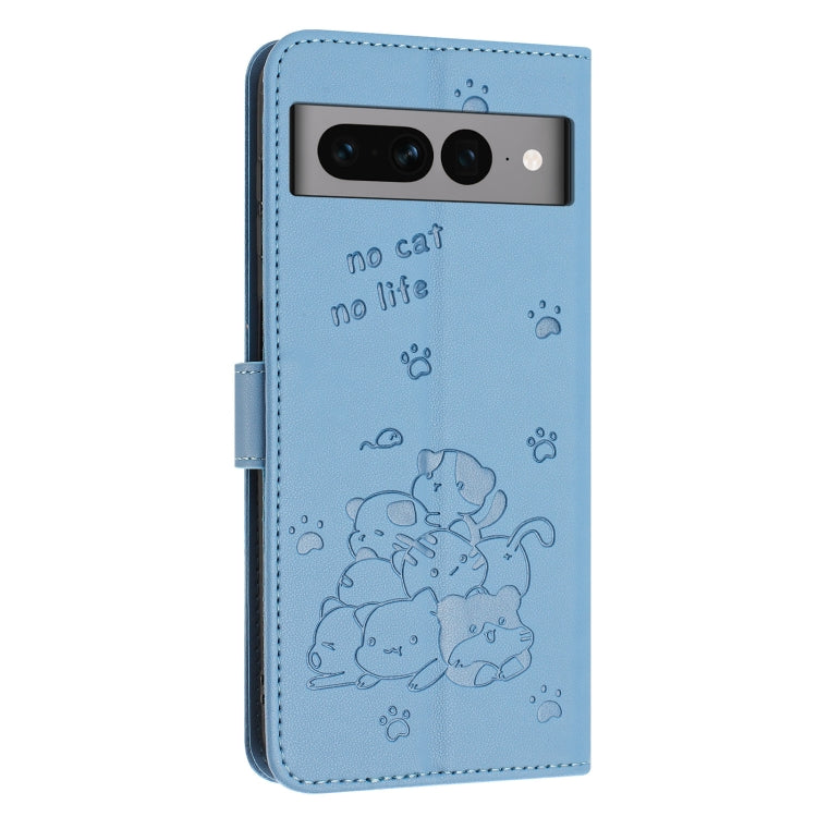 For Google Pixel 7 Pro Embossed Kitten Phone Leather Case with Lanyard