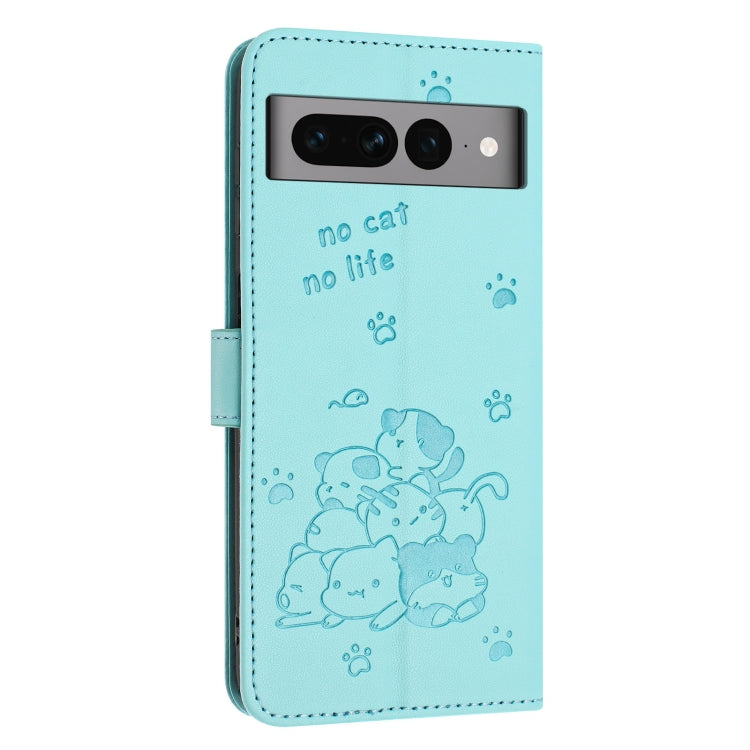For Google Pixel 7 Pro Embossed Kitten Phone Leather Case with Lanyard