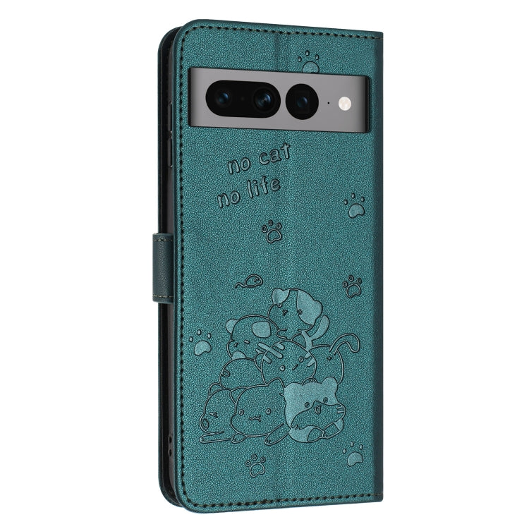 For Google Pixel 7 Pro Embossed Kitten Phone Leather Case with Lanyard