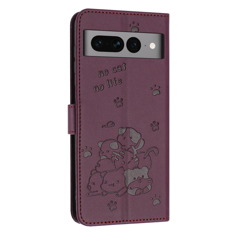 For Google Pixel 7 Pro Embossed Kitten Phone Leather Case with Lanyard