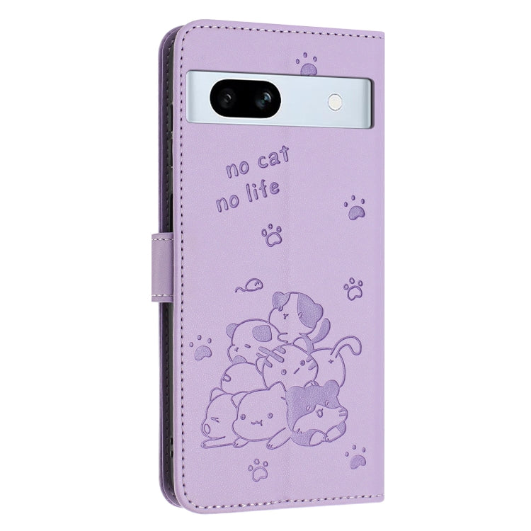 For Google Pixel 7a Embossed Kitten Phone Leather Case with Lanyard