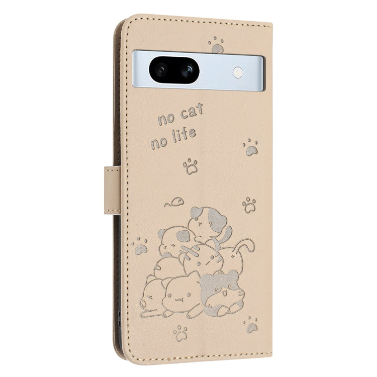 For Google Pixel 7a Embossed Kitten Phone Leather Case with Lanyard