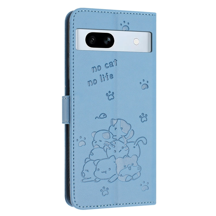 For Google Pixel 7a Embossed Kitten Phone Leather Case with Lanyard