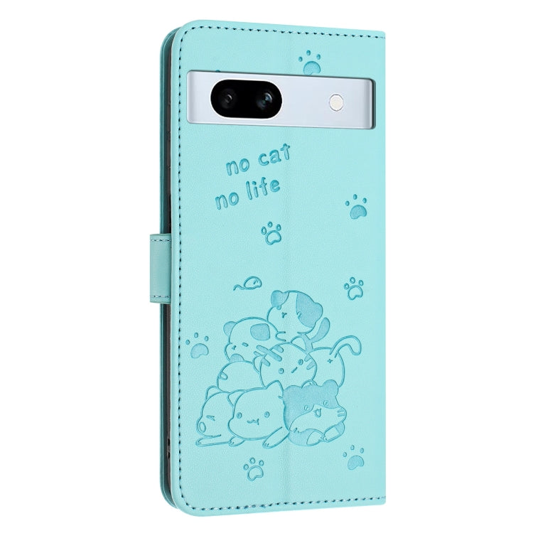 For Google Pixel 7a Embossed Kitten Phone Leather Case with Lanyard