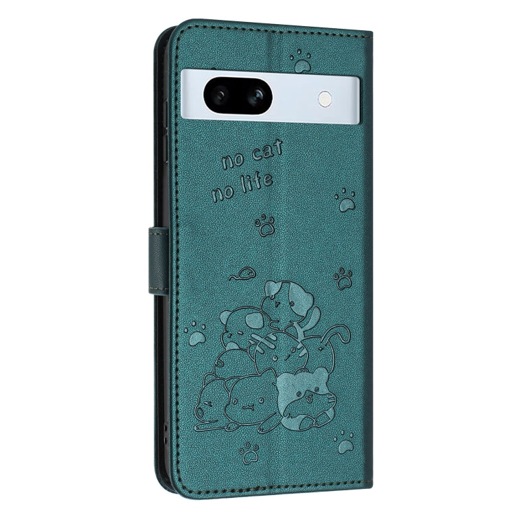 For Google Pixel 7a Embossed Kitten Phone Leather Case with Lanyard