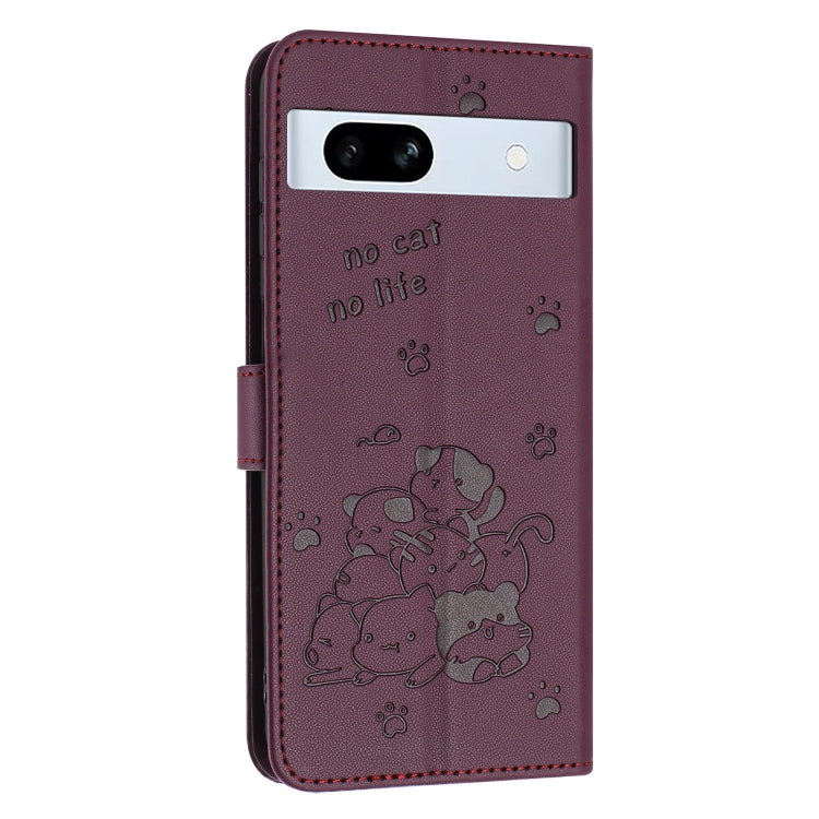 For Google Pixel 7a Embossed Kitten Phone Leather Case with Lanyard