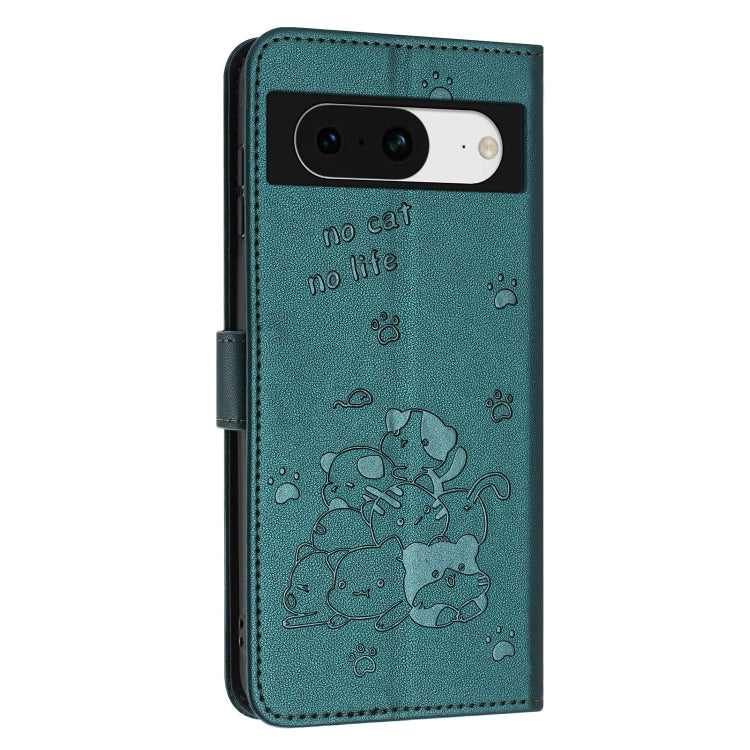 For Google Pixel 8 Embossed Kitten Phone Leather Case with Lanyard