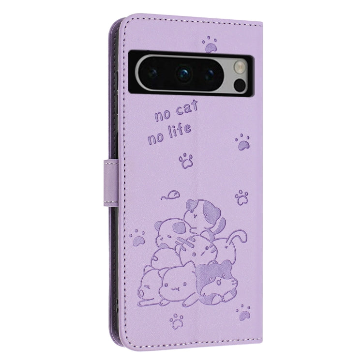 For Google Pixel 8 Pro Embossed Kitten Phone Leather Case with Lanyard