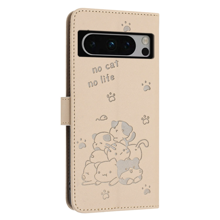 For Google Pixel 8 Pro Embossed Kitten Phone Leather Case with Lanyard
