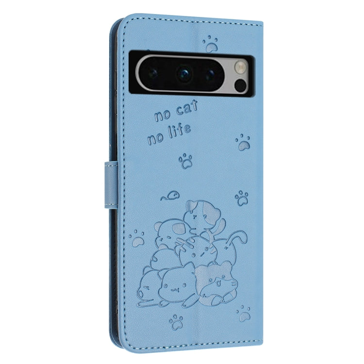 For Google Pixel 8 Pro Embossed Kitten Phone Leather Case with Lanyard