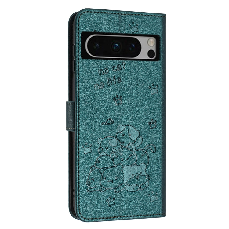 For Google Pixel 8 Pro Embossed Kitten Phone Leather Case with Lanyard