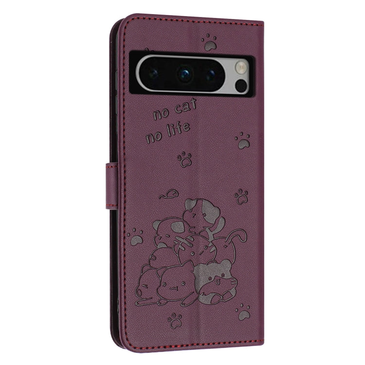 For Google Pixel 8 Pro Embossed Kitten Phone Leather Case with Lanyard