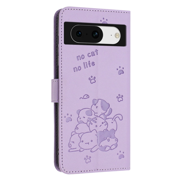 For Google Pixel 8a Embossed Kitten Phone Leather Case with Lanyard