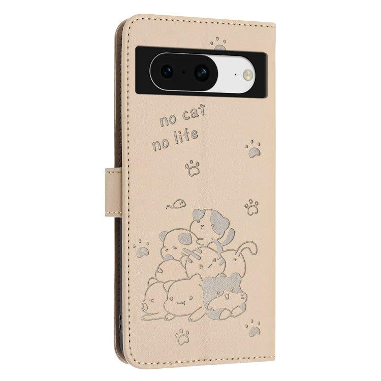 For Google Pixel 8a Embossed Kitten Phone Leather Case with Lanyard