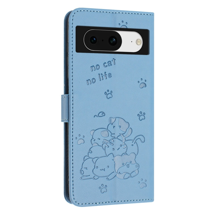 For Google Pixel 8a Embossed Kitten Phone Leather Case with Lanyard