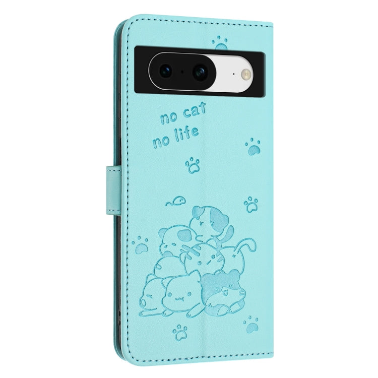 For Google Pixel 8a Embossed Kitten Phone Leather Case with Lanyard