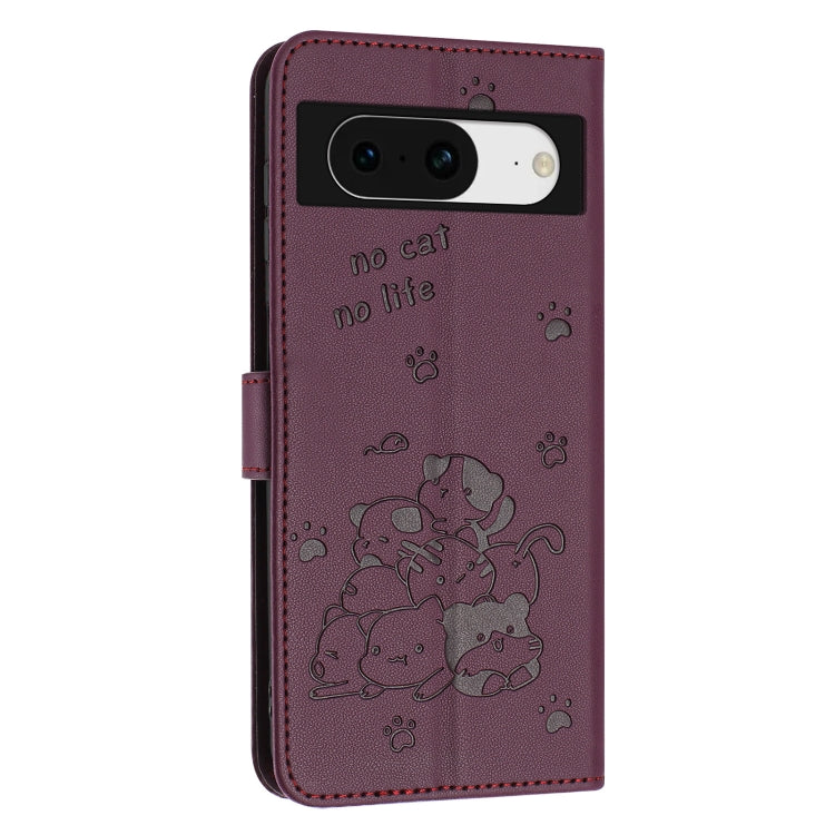 For Google Pixel 8a Embossed Kitten Phone Leather Case with Lanyard
