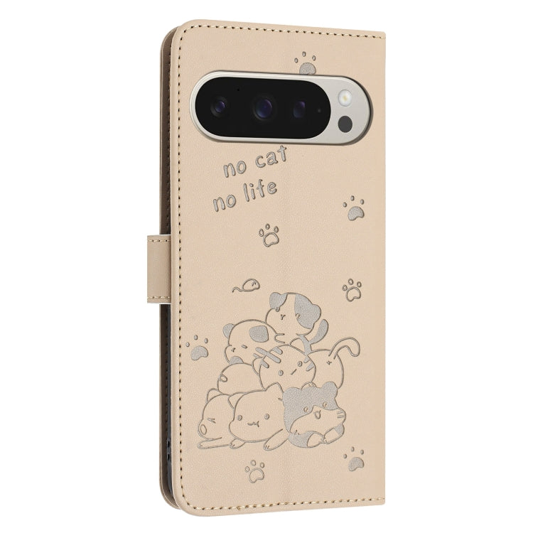 For Google Pixel 9 Pro XL Embossed Kitten Phone Leather Case with Lanyard