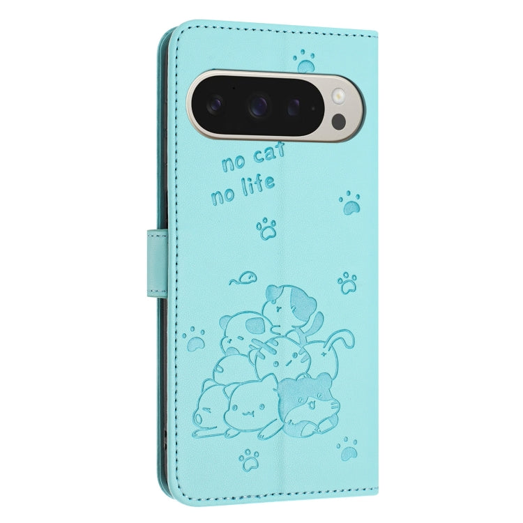 For Google Pixel 9 Pro XL Embossed Kitten Phone Leather Case with Lanyard
