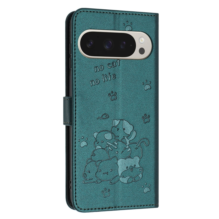 For Google Pixel 9 Pro XL Embossed Kitten Phone Leather Case with Lanyard