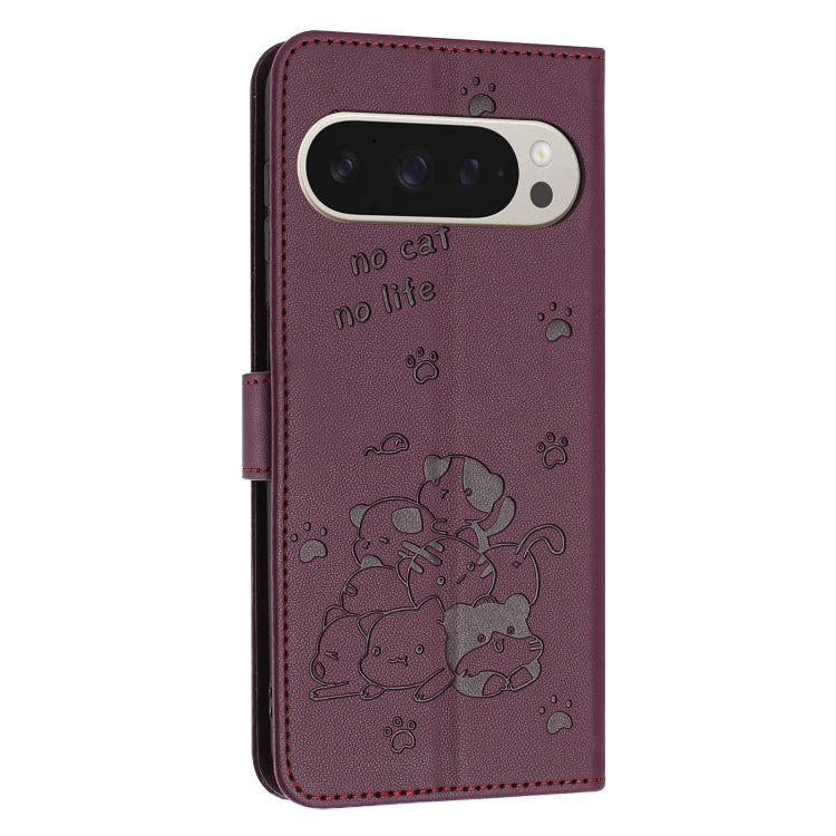 For Google Pixel 9 Pro XL Embossed Kitten Phone Leather Case with Lanyard