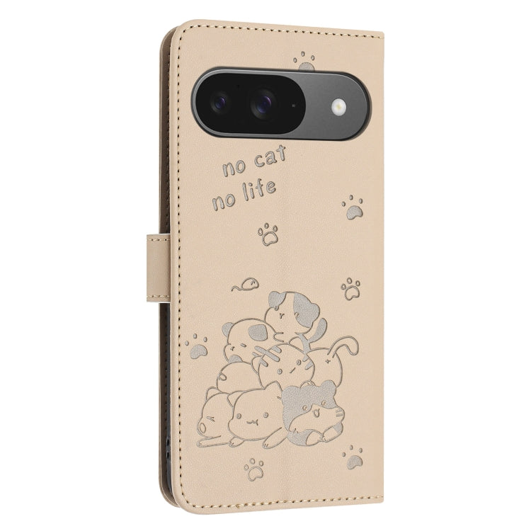 For Google Pixel 9 / 9 Pro Embossed Kitten Phone Leather Case with Lanyard