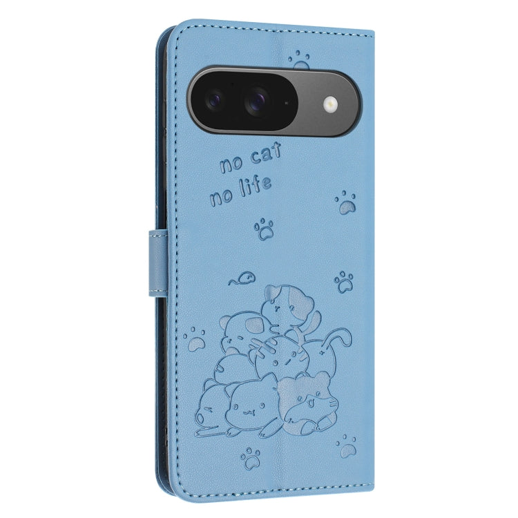 For Google Pixel 9 / 9 Pro Embossed Kitten Phone Leather Case with Lanyard