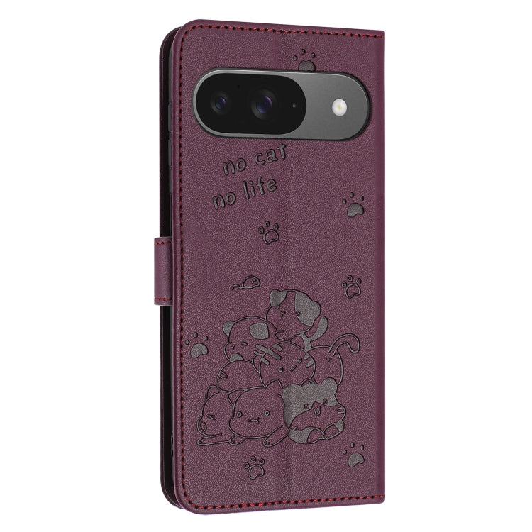 For Google Pixel 9 / 9 Pro Embossed Kitten Phone Leather Case with Lanyard