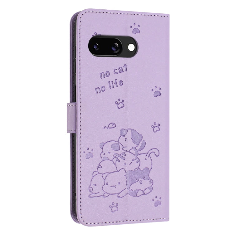 For Google Pixel 9a Embossed Kitten Phone Leather Case with Lanyard