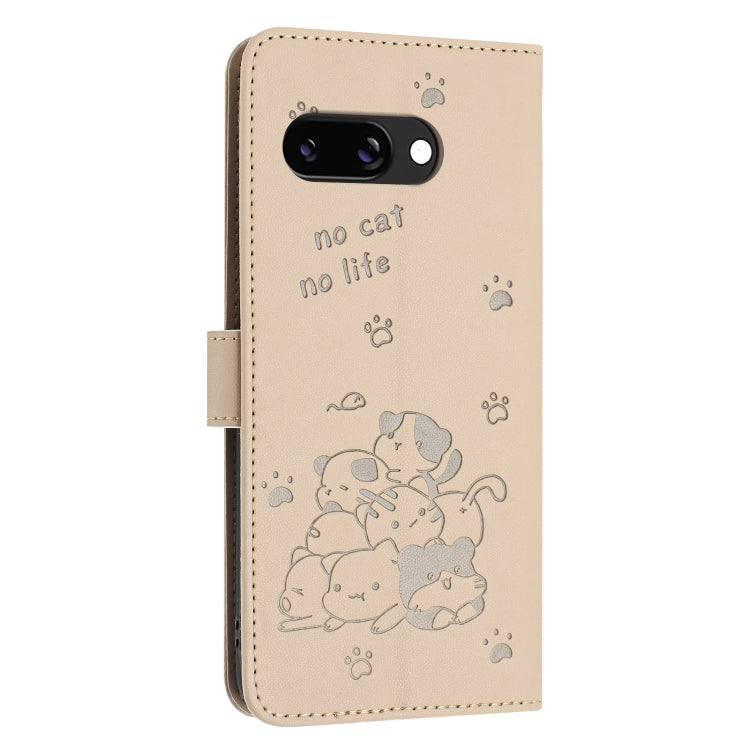 For Google Pixel 9a Embossed Kitten Phone Leather Case with Lanyard