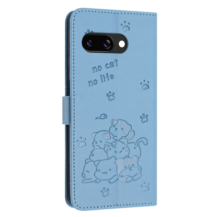 For Google Pixel 9a Embossed Kitten Phone Leather Case with Lanyard