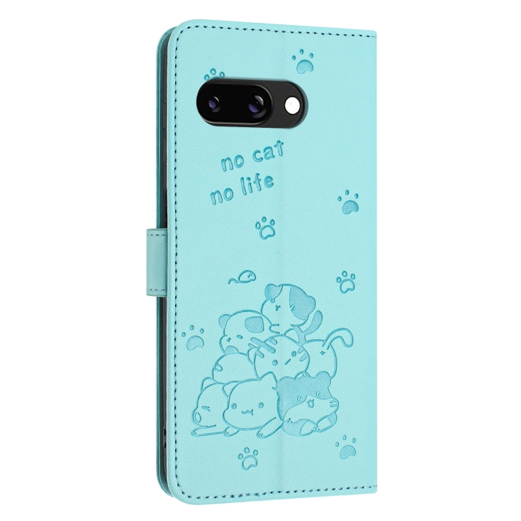 For Google Pixel 9a Embossed Kitten Phone Leather Case with Lanyard