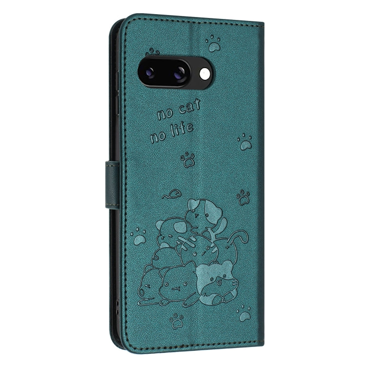 For Google Pixel 9a Embossed Kitten Phone Leather Case with Lanyard