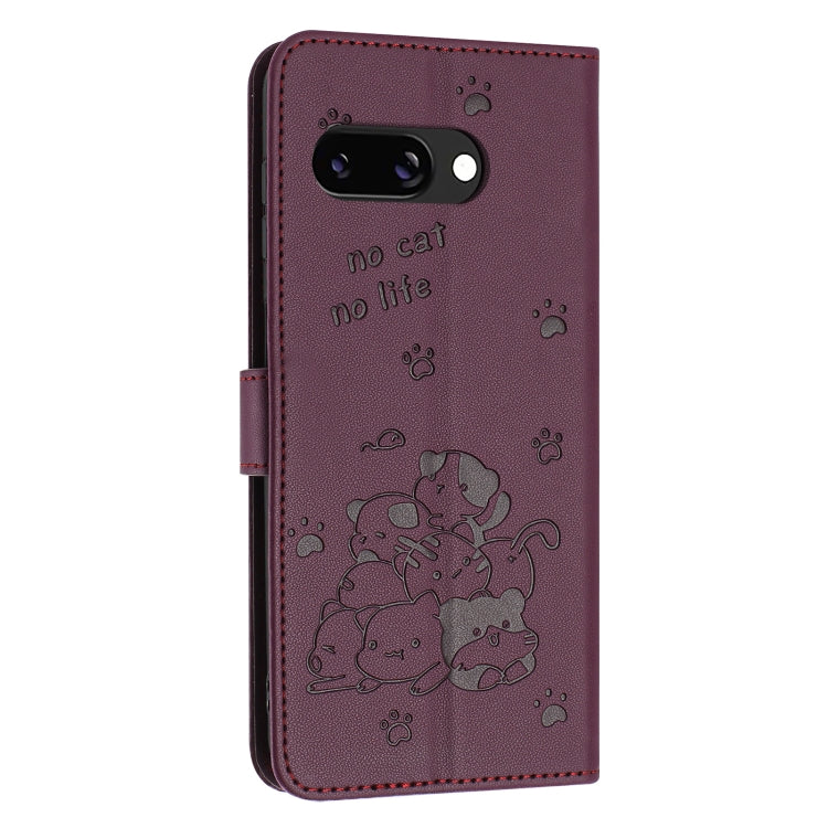 For Google Pixel 9a Embossed Kitten Phone Leather Case with Lanyard