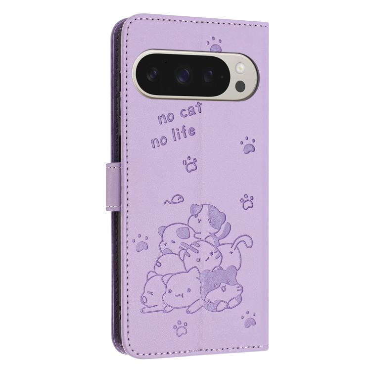 For Google Pixel 10 Pro XL Embossed Kitten Phone Leather Case with Lanyard
